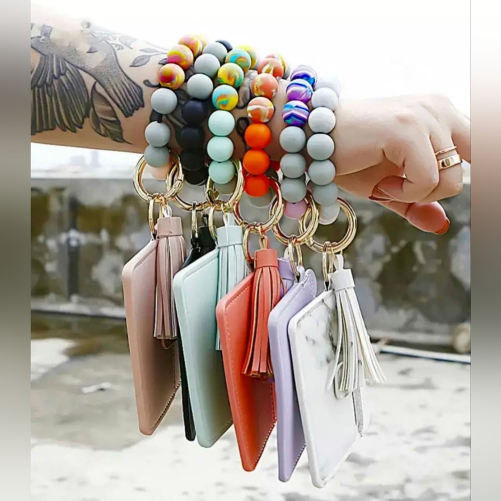 #1080 Wallet Wristlet Silicone Beaded Tassel Keychain  (Various Colors)